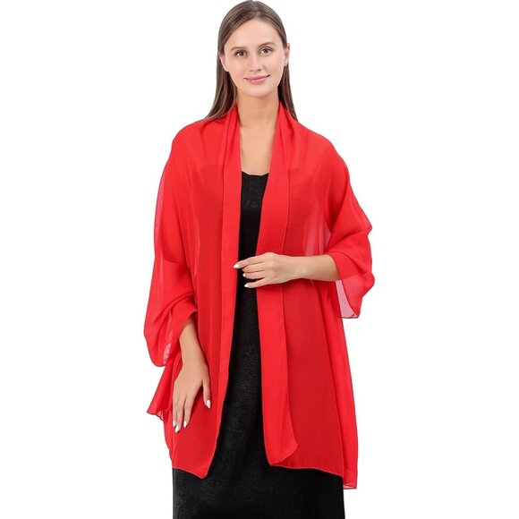 Women Red Elegant Soft Sheer Chiffon Stole Bride Wedding Shawls and Wraps - Picture 7 of 7